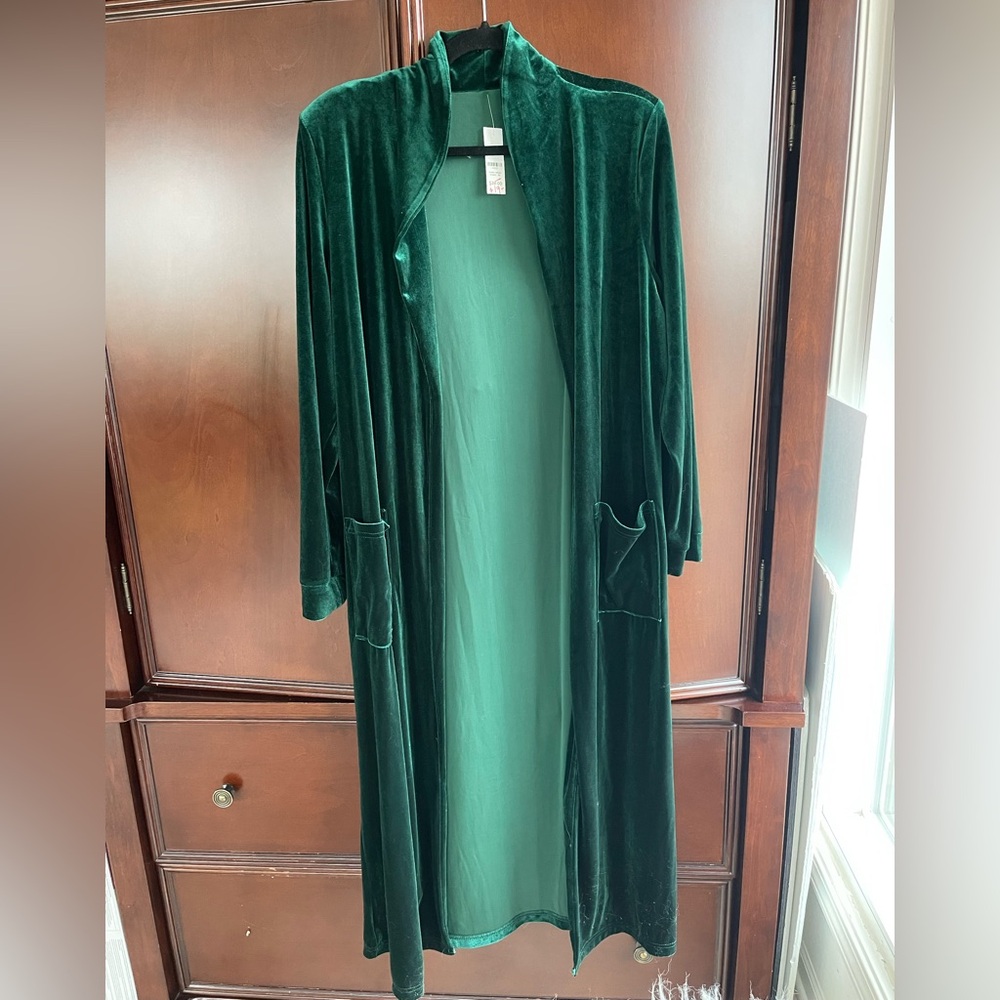 Emerald Green Velvet Long Duster Cardigan - Picture 3 of 4
